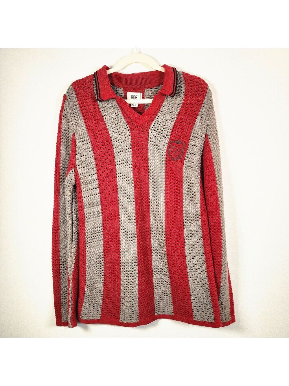 BDG Urban Outfitters Rugby Polo Open Knit Crochet Vertical Stripe Crest Patch XS